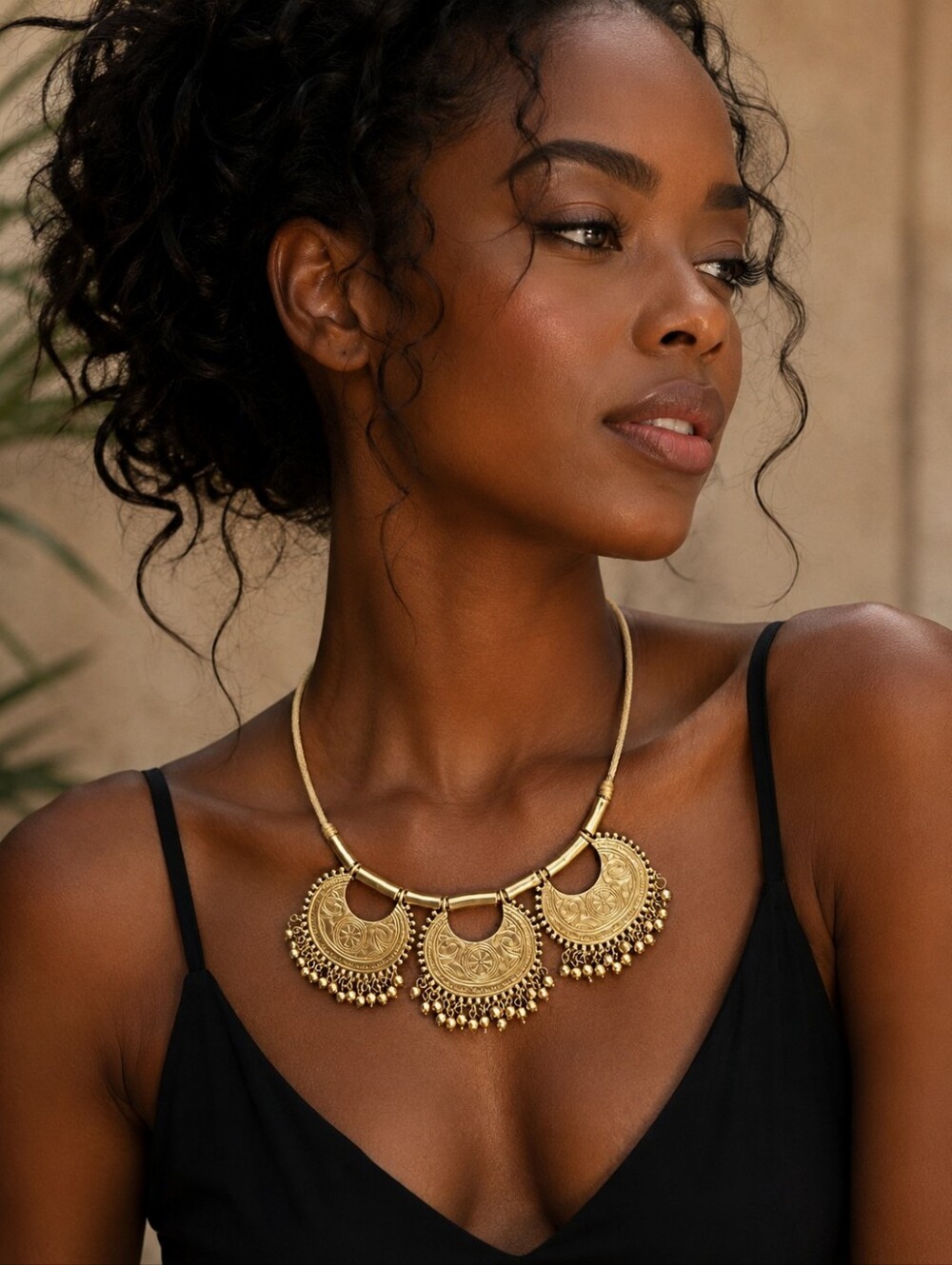 Chico's Gold Textured Three Pendant Bib Necklace